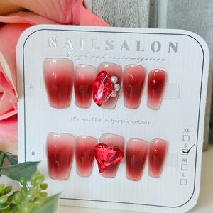 Red Ombre False Nails with Gem Accents